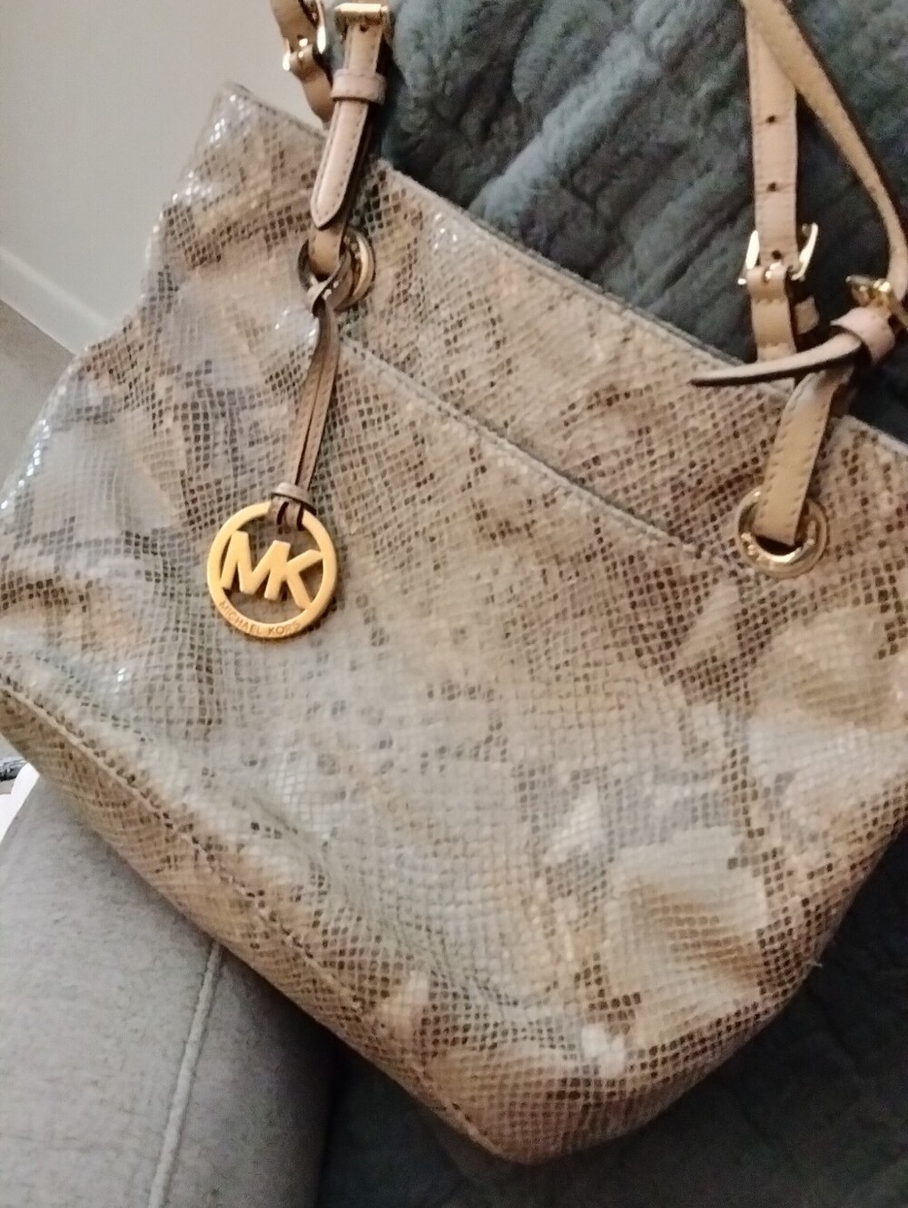 Michael Kors Taupe Snake-Print Tote with Gold MK Charm